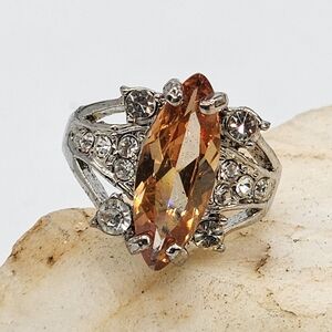 Peach Sparkling Stone Vintage Jewelry Czech Crystal Silver Ring